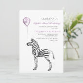 Cute Zebra Girl's Third Birthday Party Invitation Kaart (Staand voorkant)