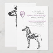 Cute Zebra Girl's Third Birthday Party Invitation Kaart (Voorkant / Achterkant)