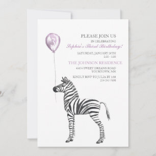 Cute Zebra Girl's Third Birthday Party Invitation Kaart