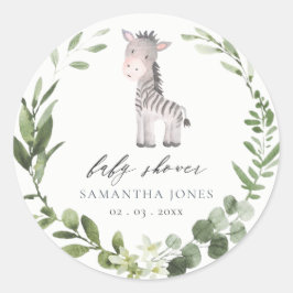 Cute Zebra Green Foliage Wreatage Baby shower Ronde Sticker