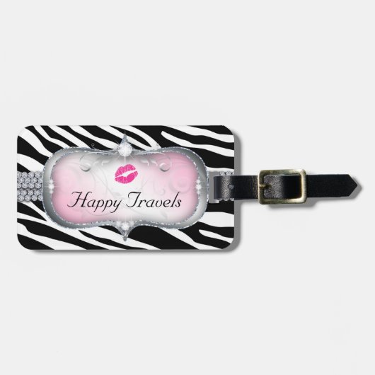 Cute Zebra Happy Travels Funny Bagagelabel (Voorkant horizontaal)
