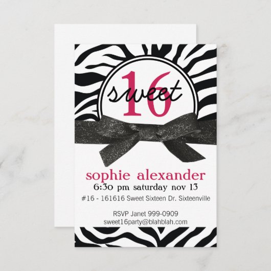 Cute Zebra Pattern Sweet 16 Party Kaart (Voorkant / Achterkant)