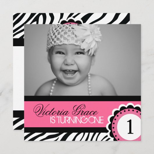 Cute Zebra Print Birthday Party Invitation Kaart (Voorkant / Achterkant)
