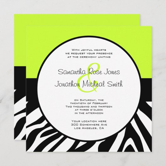 Cute Zebra Print Custom Lime Green Custom Wedding Kaart (Voorkant / Achterkant)