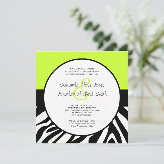 Cute Zebra Print Custom Lime Green Custom Wedding Kaart (Staand voorkant)