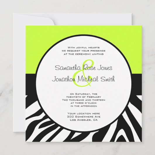 Cute Zebra Print Custom Lime Green Custom Wedding Kaart (Voorkant)