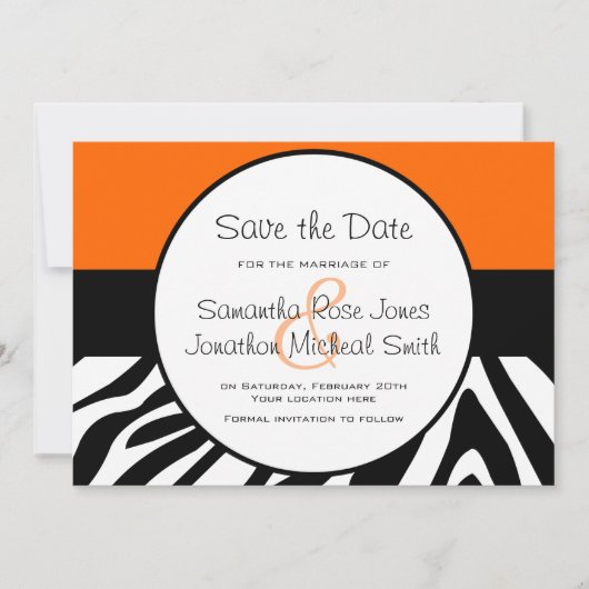 Cute Zebra Print Custom Oranje Save the Date (Voorkant)