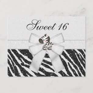 Cute Zebra, printbak & glitter look Sweet 16 Kaart