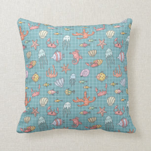 Cute Zee Life Ocean Animals Whimsical Patroon Blau Kussen