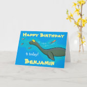 Cute zee monster plesiosaur cartoon illustratie kaart (Gele Bloem)