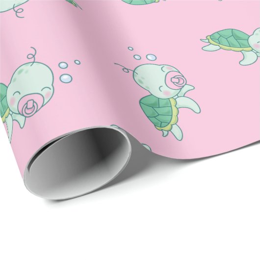 Cute Zee Turtle Baby shower Kawaii Pink Girl Cadeaupapier (Rol Hoek)