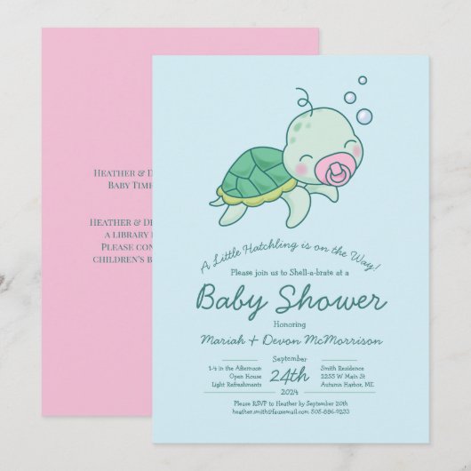 Cute Zee Turtle Baby shower Kawaii Pink Girl Kaart (Voorkant / Achterkant)
