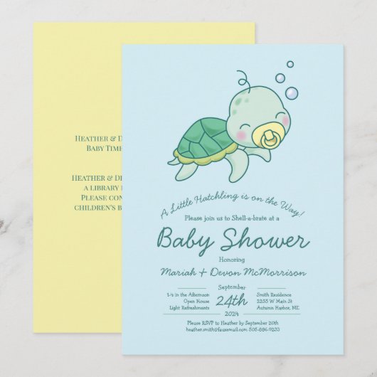 Cute Zee Turtle Baby shower Kawaii Uitnodiging (Voorkant / Achterkant)
