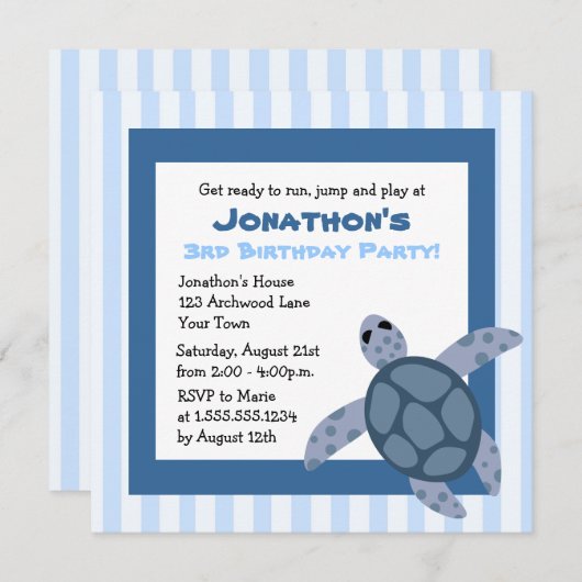 Cute Zee Turtle Birthday Party Invite - Blue Kaart (Voorkant / Achterkant)
