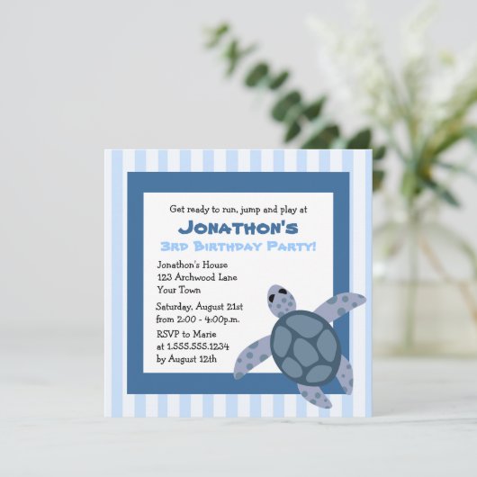Cute Zee Turtle Birthday Party Invite - Blue Kaart (Staand voorkant)