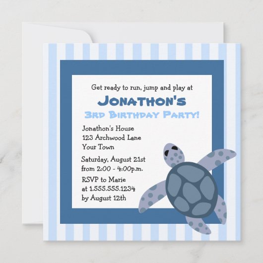 Cute Zee Turtle Birthday Party Invite - Blue Kaart (Voorkant)