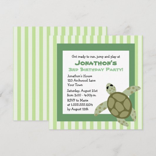 Cute Zee Turtle Birthday Party Invite - Green Kaart (Voorkant / Achterkant)