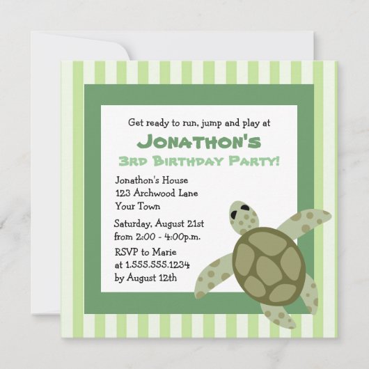 Cute Zee Turtle Birthday Party Invite - Green Kaart (Voorkant)