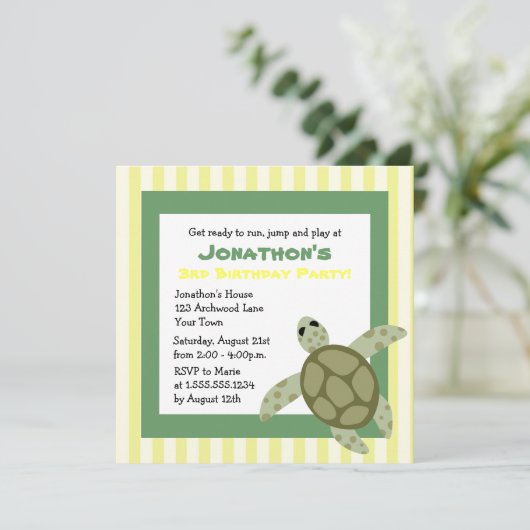 Cute Zee Turtle Birthday Party nodigt Green Yellow Kaart (Staand voorkant)