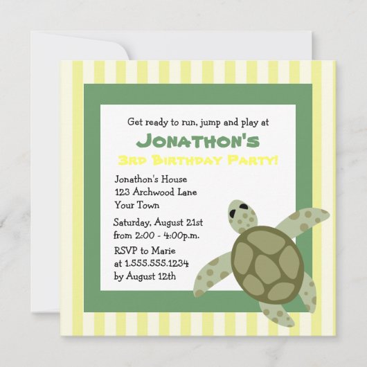 Cute Zee Turtle Birthday Party nodigt Green Yellow Kaart (Voorkant)