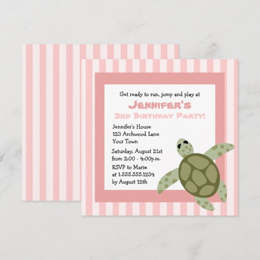 Cute Zee Turtle Birthday Party nodigt roze uit Kaart (Voorkant / Achterkant)