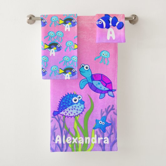 Cute Zee Turtle Blue Waterverf Fish Kind Child Bad Handdoek (Insitu)