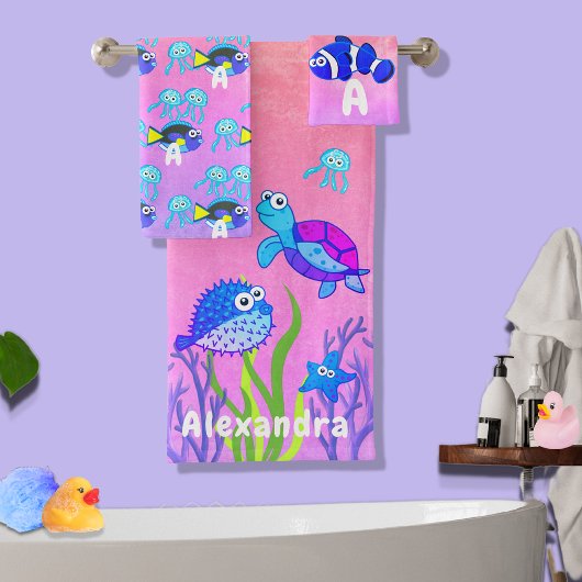Cute Zee Turtle Blue Waterverf Fish Kind Child Bad Handdoek