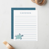 Cute Zee Turtle in Blue Personated Kinder Lined Notitiekaartje (Voorkant / Achterkant in situ)