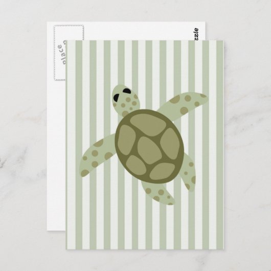 Cute Zee Turtle on Green Stripe Briefkaart (Voorkant / Achterkant)