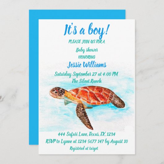 Cute Zee Turtle under the zee Ocean Blue Baby Boy Kaart (Voorkant / Achterkant)