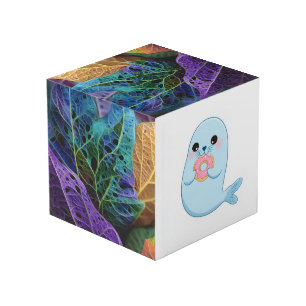 Cute Zeehond & Botanische Paarse Oranje Decorative Kubus