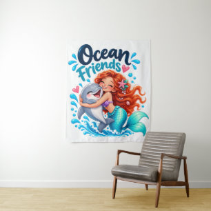 Cute Zeemeermin Oceaangenoten Dolfijn Design Wandkleed