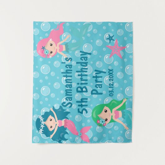 Cute Zeemeermin Verjaardagsfeest Achtergrond Wandkleed (Voorkant)