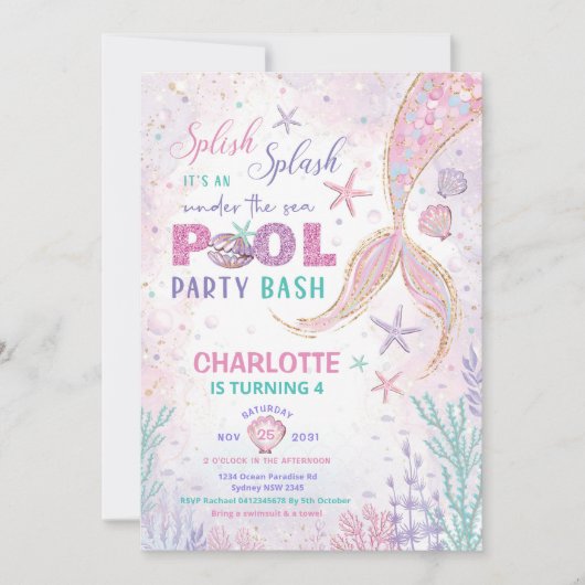 Cute Zeemeermin Zwembad Feest Onder de Zee Verjaar Kaart (Voorkant)