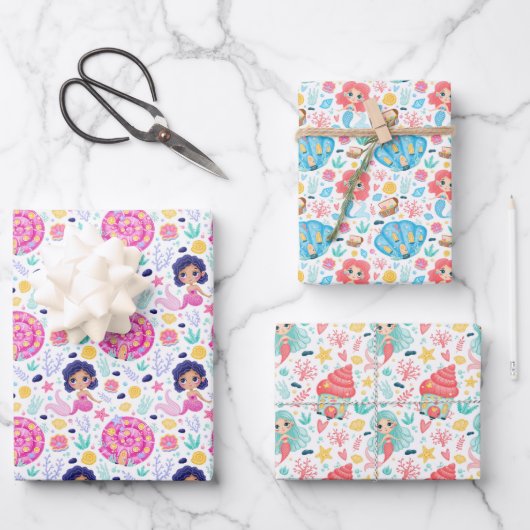 Cute Zeemeerminnen Inpakpapier Set van 3 Vel (Voorkant)