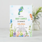 Cute zeepaardje verjaardag baby shower uitnodiging (Staand voorkant)