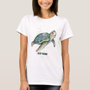 Cute Zeeschildpad Aquarel Oceaanleven Naam Toevoeg T-shirt