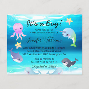 Cute Zeewezens Ocean Jongen Baby Borrel Uitnodigin Flyer
