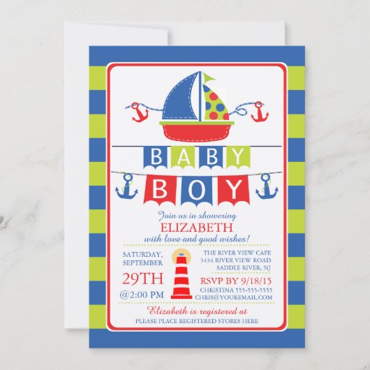 Cute Zeilboot Nautische Jongen Baby Shower Uitnodi Kaart (Voorkant)