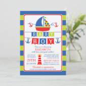 Cute Zeilboot Nautische Jongen Baby Shower Uitnodi Kaart (Staand voorkant)