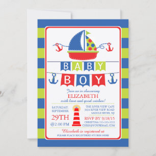 Cute Zeilboot Nautische Jongen Baby Shower Uitnodi Kaart