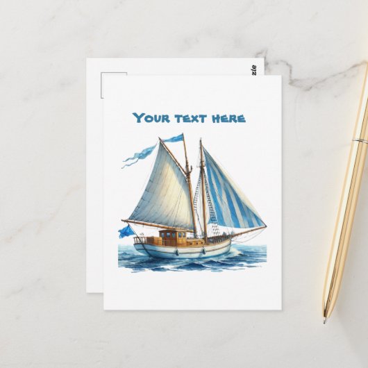 Cute zeilboot op het strand voeg tekst toe briefkaart (Voorkant / Achterkant in situ)