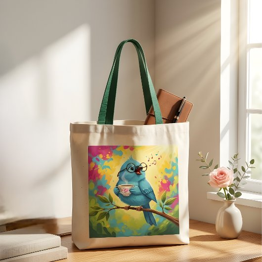 Cute Zingende Blauwe Vogel Tote Tas | Cozy Coffee 