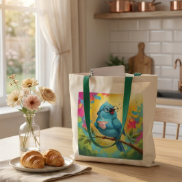 Cute Zingende Blauwe Vogel Tote Tas | Cozy Coffee 
