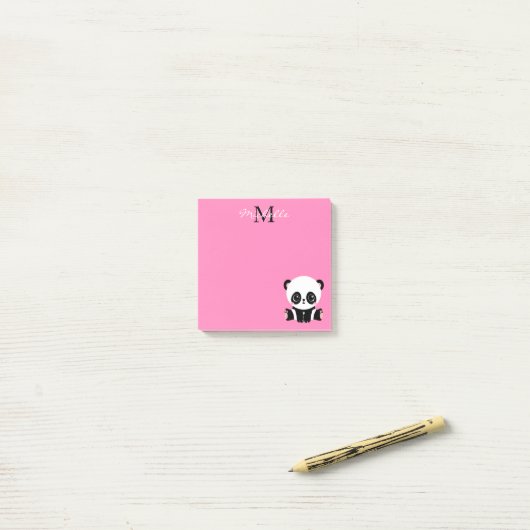 Cute Zittende Panda Monogram Roze Post-it® Notes (Op bureau)