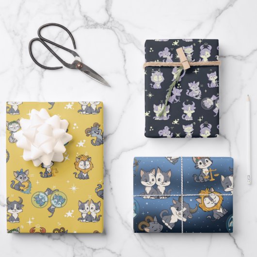 Cute Zodiac Cat Wrapping Paper Flat Sheet Set of 3 (Voorkant)