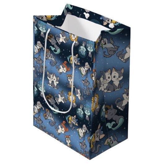 Cute Zodiac Kat Wrapping Paper Vlak Vel Set van 3 Medium Cadeauzakje (Voorkant Gekanteld)