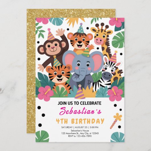 Cute Zoo Animal Kids Party Kaart (Voorkant / Achterkant)
