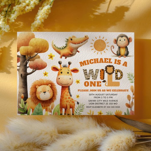 Cute ZOO Animals WILD ONE Safari 1st Birthday  Kaart