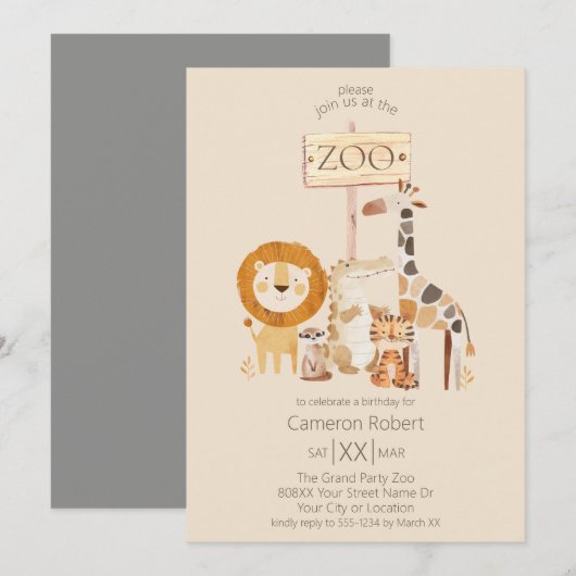 Cute Zoo Dieren op Beige Kaart (Voorkant / Achterkant)